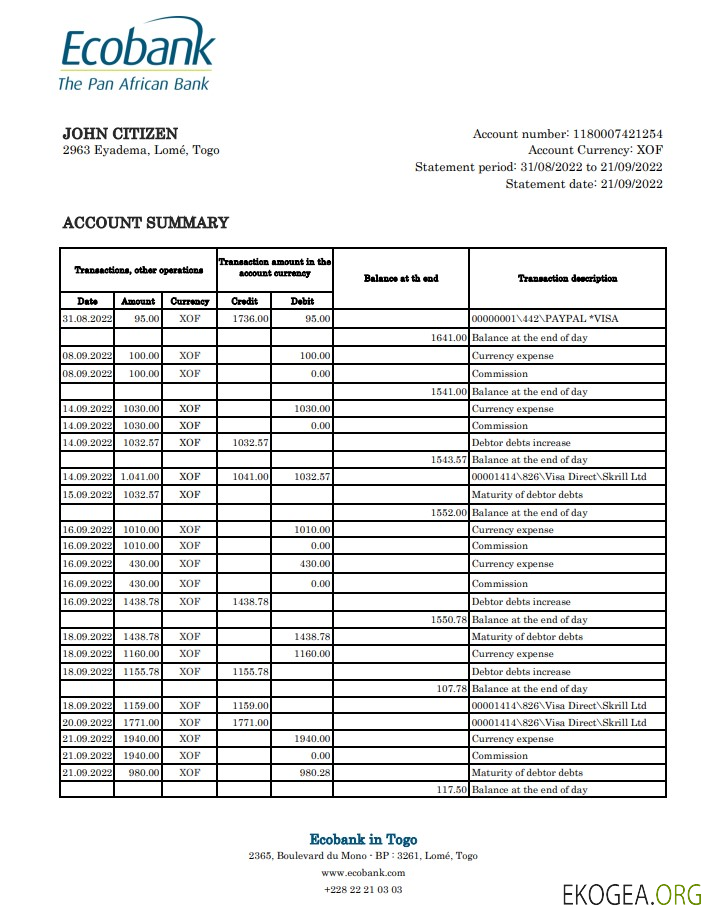 Relevé bancaire Ecobank du Togo xls